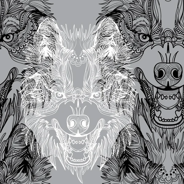 Seamless Pattern Grasping Wolves Male Pattern Predator Aggression Doodling Mandala — Stock Vector