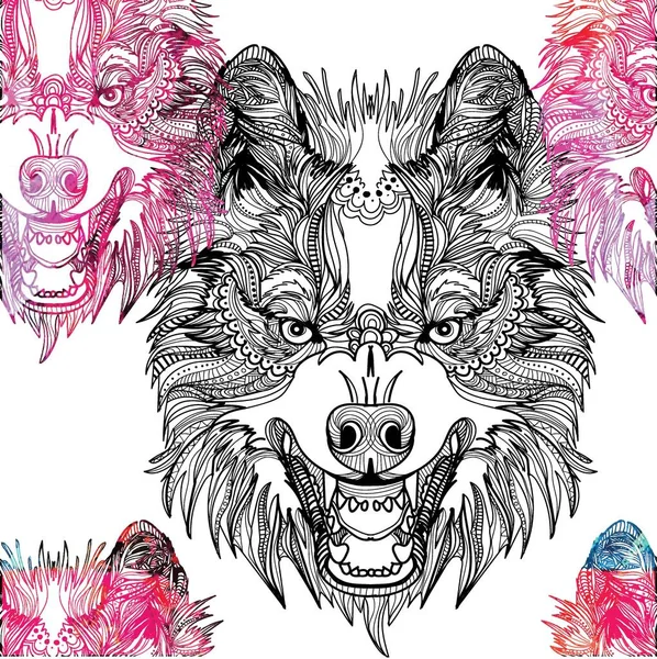 Seamless Pattern Grasping Wolves Male Pattern Predator Aggression Doodling Mandala — Stock Vector