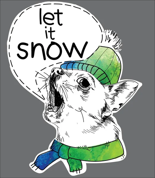 Sněží Pes Kreslí Ručně Říká Pes Klobouku Šále Psí Nálepka — Stockový vektor