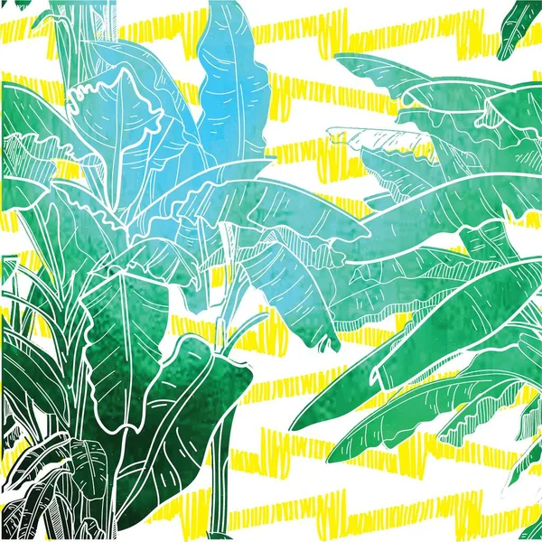Безшовний Візерунок Банановими Пальмами Великі Листя Тропічних Рослин Вільний Малюнок — стоковий вектор