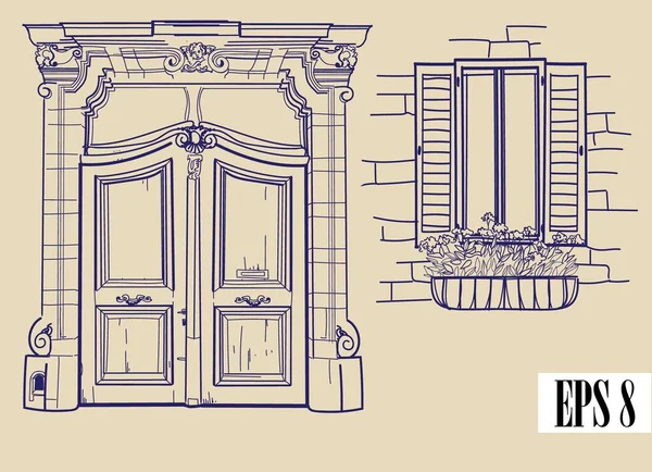 Antik Dörr Dörren Modern Stil Trädörr Med Stuckatur Och Fönster Royaltyfria illustrationer