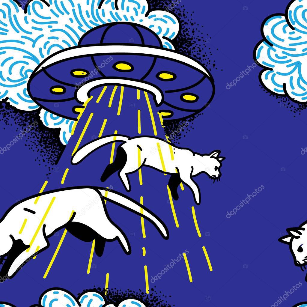 UFO kidnaps cats. Cats fly in the air. Funny drawing by hand. seamless pattern. A funny background.