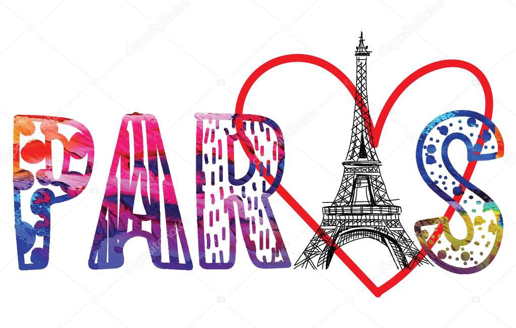 I Love Paris. Card , poster , print on a T-shirt . Eiffel Tower on the background of watercolor stains .