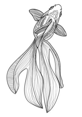 Güzel kuyruklu süs balığı. Boyama kitabı, meditasyon boyama kitabı. Desenler, noktalar, çizgiler. Sevimli hayvanlar..