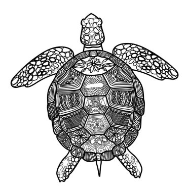 Deniz kaplumbağası. Anti-stresin meditasyon renkleri. Oklar, şeritler, pullar, çizgiler. Logo, tişörtte parmak izi. Çocuk resmi, elle çizim.. 