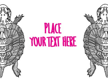 Deniz kaplumbağası. Anti-stresin meditasyon renkleri. Oklar, şeritler, pullar, çizgiler. Logo, tişörtte parmak izi. Çocuk resmi, elle çizim.. 