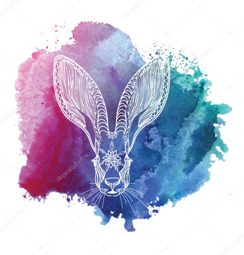 The head of a hare. Doodling coloring book. A drawing with many details. Meditative coloring. Dots, strokes, patterns.