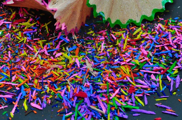 Color Pencils Colored Shavings Black Background — Stock Photo, Image