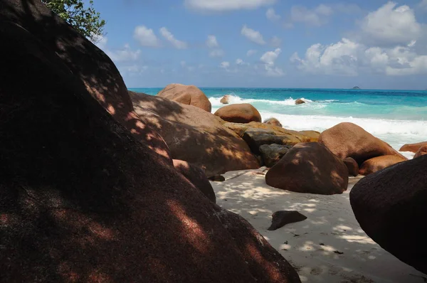 Playa Exótica Con Palmeras Isla Praslin Seychelles — Foto de Stock