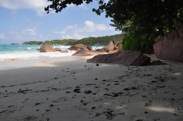 Playa Exótica Con Palmeras Isla Praslin Seychelles — Foto de Stock
