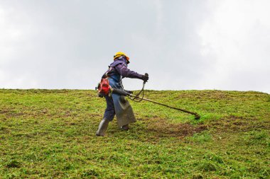 Çalışan kadınlar koruyucu giysiler giyerler tepede çim biçme makinesiyle çim biçerler.