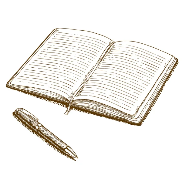Grabado ilustración antigua de cuaderno y pluma — Vector de stock