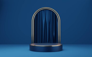 Mavi kemer ve perde arkasında altın kenarlı boş mavi silindir podyum. Soyut minimum stüdyo 3d geometrik şekil nesnesi. Ürün tasarımının gösterimi için maket alanı. 3d oluşturma.