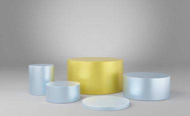Gri arkaplanda 5 boş sarı ve mavi silindir podyum. Soyut minimum stüdyo 3d geometrik şekil nesnesi. Ürün tasarımının gösterimi için maket alanı. 3d oluşturma.