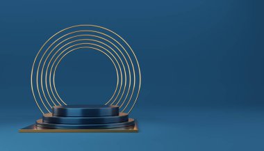 Mavi arka planda altın kenarlı ve altın küplü boş 3 mavi silindir podyum. Soyut minimum stüdyo 3d geometrik şekil nesnesi. Ürün tasarımının gösterimi için maket alanı. 3d oluşturma.