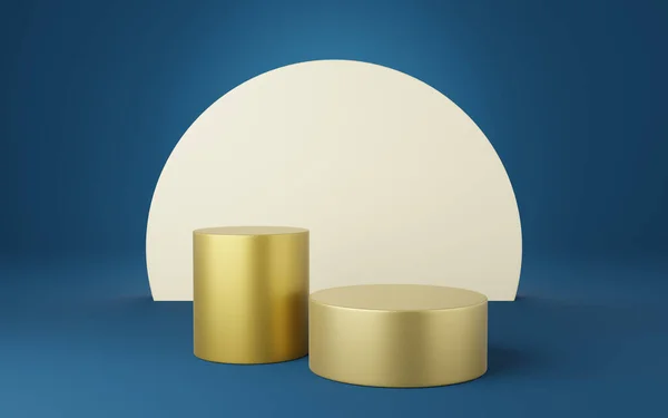 2空的金色圆筒讲台和蓝色背景的圆圈 摘要最小工作室3D几何形状对象 展示产品设计的模拟空间 3D渲染 — 图库照片