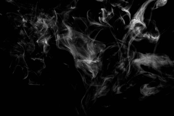Isolated smoke, abstract powder, water spray on black background.
