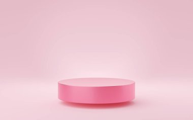 Pembe arka planda yüzen boş pembe silindir podyum. Soyut minimum stüdyo 3d geometrik şekil nesnesi. Kaideli Sevgililer Günü. Ürün tasarımının gösterimi için maket alanı. 3d hazırlayıcı.