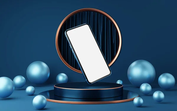 蓝色手机在圆柱形讲台上 铜边框 金圆拱门 球和幕布背景 最小的工作室与空白白色屏幕 装模作样的现代智能手机 3D渲染 — 图库照片