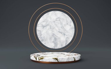 Altın çizgili beyaz mermer silindir podyum ve gri arka planda bakır daire. Soyut minimum stüdyo 3d geometrik şekil nesnesi. Ürün tasarımının gösterimi için maket alanı. 3d oluşturma.