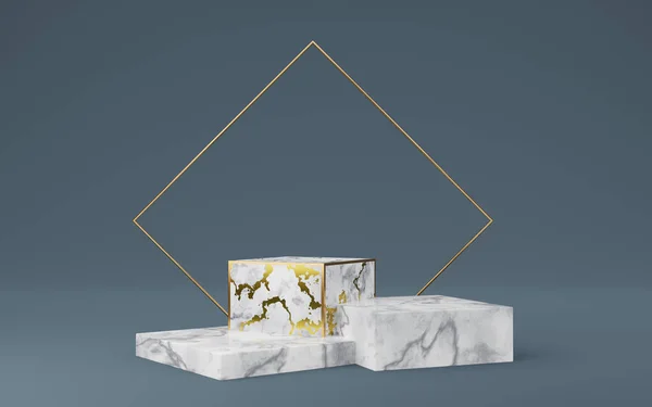 Empty white marble cube podium with gold border, blue striped and gold square on gray background. Abstract minimal studio 3d geometric shape object. Mockup space for display. 3d rendering.