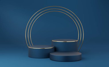 Altın kenarlı boş mavi silindir podyum ve mavi arka planda 3 altın daire. Soyut minimum stüdyo 3d geometrik şekil nesnesi. Ürün tasarımının gösterimi için maket alanı. 3d oluşturma.