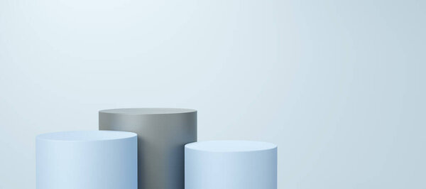 Empty gray and blue cylinder podium floating on white copy space background. Abstract minimal studio 3d geometric shape object. Pedestal mockup space for display of product design. 3d rendering.
