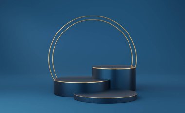 Altın kenarlı boş mavi silindir podyum ve mavi arka planda iki altın daire. Soyut minimum stüdyo 3d geometrik şekil nesnesi. Ürün tasarımının gösterimi için maket alanı. 3d oluşturma.