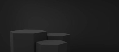 Siyah fotokopi arkaplanda yüzen 3 boş siyah altıgen podyum. Soyut minimum stüdyo 3d geometrik şekil nesnesi. Ürün tasarımı için monoton kaide modelleme alanı. 3d oluşturma.