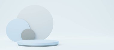 Beyaz fotokopi arkaplanda gri ve siyah daireli boş mavi silindir podyum. Soyut Pastel Stüdyo 3D geometrik şekil. Ürün tasarımının gösterimi için maket alanı. 3d oluşturma.