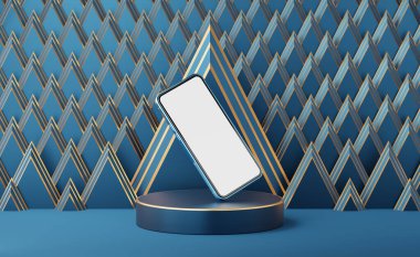 Silindir podyumda mavi cep telefonu, Art Deco altın üçgen desenli arka planda altın kenarlı. Modern stüdyo için minimum kaidesel model alanı. Beyaz ekranlı akıllı telefon. 3d oluşturma.