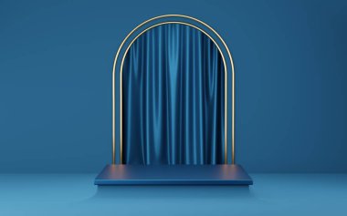 Mavi kemer ve perde arkasında altın kenarlı boş mavi küp podyumu. Soyut minimum stüdyo 3d geometrik şekil nesnesi. Ürün tasarımının gösterimi için maket alanı. 3d oluşturma.