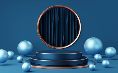 Bakır kenarlı boş mavi ve siyah silindir podyum, altın yuvarlak kemerli top, perde arkası. Stüdyonun minimum geometrik şekli soyut. Ürün tasarımı için yayalar arası modelleme alanı. 3d oluşturma.