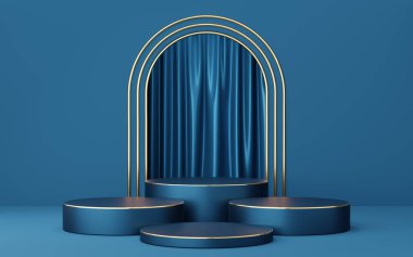 Mavi kemer ve perde arkasında altın kenarlı 4 boş mavi silindir podyum. Soyut minimum stüdyo 3d geometrik şekil nesnesi. Ürün tasarımının gösterimi için maket alanı. 3d oluşturma.