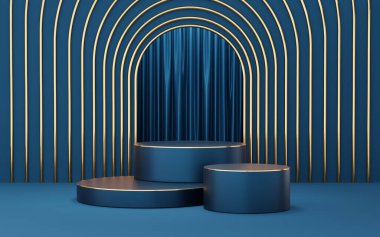 Mavi kemer ve perde arkasında altın kenarlı 3 boş mavi silindir podyum. Soyut minimum stüdyo 3d geometrik şekil nesnesi. Ürün tasarımının gösterimi için maket alanı. 3d oluşturma.