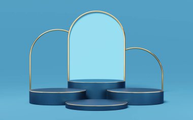 Mavi kemerli altın kenarlı 4 boş mavi silindir podyum. Soyut minimum stüdyo 3d geometrik şekil nesnesi. Ürün tasarımının gösterimi için maket alanı. 3d oluşturma.