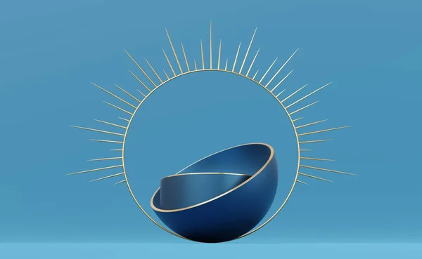 半球体の金の境界線を持つ空の青いシリンダーの表彰台と青い背景にスパイクハローサークル 概要最小限のスタジオ形状 豪華なディスプレイのための永遠のモックアップスペース 3Dレンダリング — ストック写真