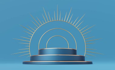 Altın kenarlı boş mavi silindir podyum ve mavi zemin üzerinde çivili halo daire. Soyut minimum stüdyo 3d geometrik şekil nesnesi. Lüks gösteriler için yayalar. 3d oluşturma.
