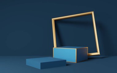 2 boş mavi küp podyumu, altın çerçeveli mavi duvar arka planına yerleştirilmiş. Soyut minimum stüdyo 3d geometrik şekil nesnesi. Ürün tasarımının gösterimi için maket alanı. 3d oluşturma.