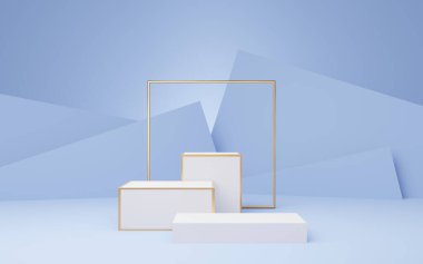 Altın çerçeveli, mavi pastel duvarlı 3 boş beyaz küp podyum. Soyut minimum stüdyo 3d geometrik şekil nesnesi. Ürün tasarımının gösterimi için maket alanı. 3d oluşturma.