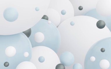 Beyaz arka planda çok renkli uçan top. Renkli parlak küreler. Yüzen 3 boyutlu baloncuklu soyut arkaplan. Kopyalama alanı için minimalist duvar kağıdı.