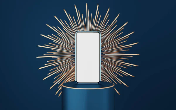 Blue Mobile Phone Cylinder Podium Gold Border Spiked Halo Circle — Stock Photo, Image