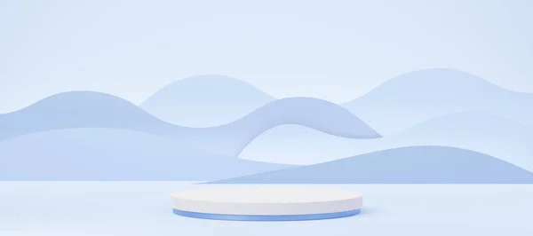 青い波の背景に空の白いシリンダーの表彰台 アブストラクトパステル最小スタジオ3D幾何学的な形状 製品設計の表示のためのモックアップスペース 紙のカットスタイル 3Dレンダリング — ストック写真