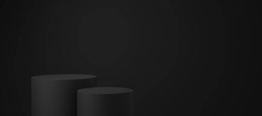 Siyah fotokopi arkaplanında yüzen boş siyah silindir podyumu. Soyut minimum stüdyo 3d geometrik şekil nesnesi. Ürün tasarımı için monoton kaide modelleme alanı. 3d oluşturma.