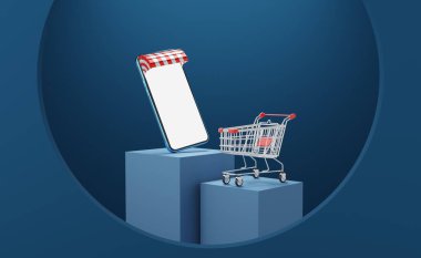 Tenteli mavi cep telefonu, küp podyumda yüzen alışveriş arabası kemer arka planda. Çevrimiçi dijital pazarlama, e-ticaret, uygulama mağazası konsepti. Beyaz ekranlı akıllı telefon. 3d hazırlayıcı.