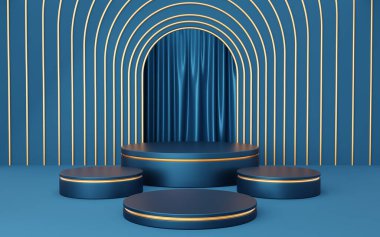 Mavi kemer ve perde arkasında altın kenarlı 4 boş mavi silindir podyum. Soyut minimum stüdyo 3d geometrik şekil nesnesi. Ürün tasarımının gösterimi için maket alanı. 3d oluşturma.