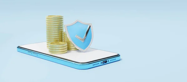 Phone, coin and shield with check security on blue background. Mobile banking and Online payment service. Technology  protection concept. Smartphone saving money. Abstract minimal studio. 3d rendering