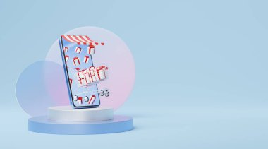 Tenteli mavi cep telefonu, alışveriş arabası, silindir podyumda pembe şeffaf yuvarlak camlı hediye kutusu. Çevrimiçi dijital piyasa, ticaret konsepti. Beyaz ekranlı akıllı telefon. 3d hazırlayıcı.