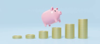 Mavi arka planda yüzen pembe kumbaralı altın sikkeler. Mobil bankacılık ve Çevrimiçi ödeme servisi. Domuz kutusunda para biriktir. Para tasarrufu ve iş dünyası finansal konsepti. 3d hazırlayıcı