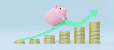 Mavi arka planda yeşil okla çalışan pembe kumbaralı altın paralar. Çevrimiçi bankacılık ve ödeme servisi. Başarıya giden adımlar. Para tasarrufu ve iş dünyası finansal konsepti. 3d hazırlayıcı